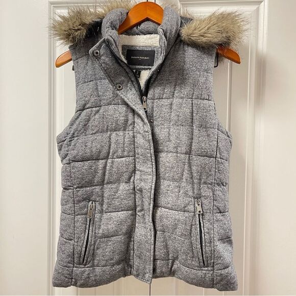 Banana Republic Faux Fur Herringbone Hooded Puffer Vest - S - Picture 4 of 16